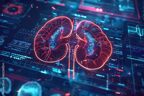 A top view of a hightech digital interface with a detailed and glowing 3D model of human kidneys photo