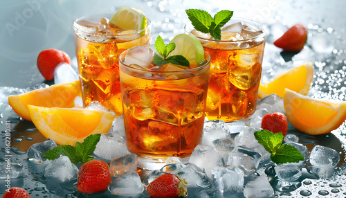 Advertising concepts for a tea blend of oranges, strawberries, and mint leaves, drinks, food, business, advertising, tea, iced tea, fruit, oranges, strawberries, mint leaves, AI-generated.