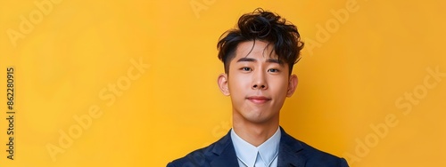 Portrait of serious asian businessman in formal suit studying on yellow background in modern neo pop style photo