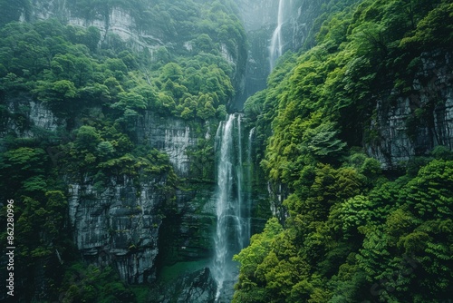 Serene waterfall flows through rugged cliffs surrounded by greenery