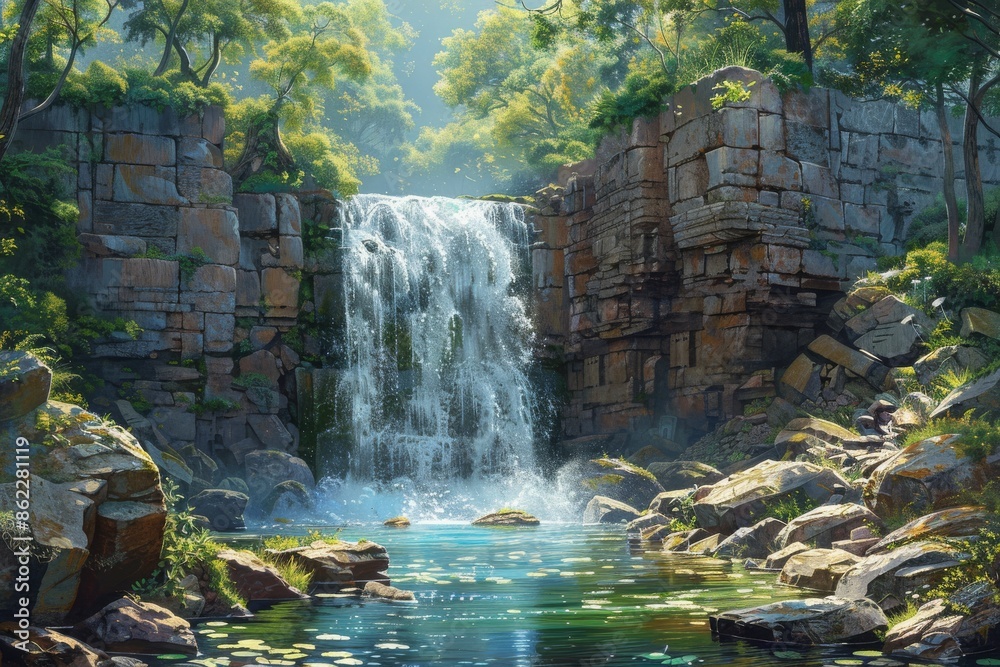 Fototapeta premium Serene waterfall flows through rugged cliffs surrounded by greenery