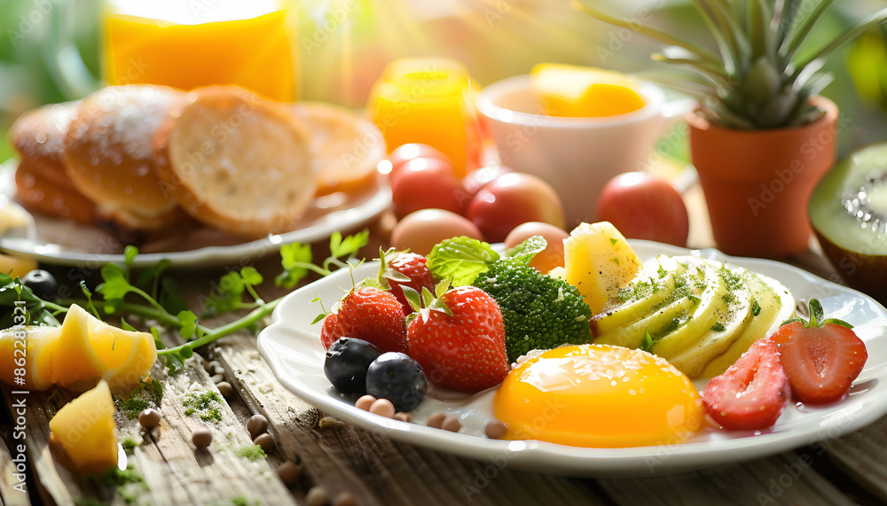 Image of a delicious breakfast with bread, eggs, orange juice, and fresh fruit, breakfast, meal, food, drink, eggs, omelet, fruit, juice, orange, strawberry, restaurant, homemade, health, AI-generated Image of a delicious breakfast with bread, eggs, orange juice, and fresh fruit, breakfast, meal, food, drink, eggs, omelet, fruit, juice, orange, strawberry, restaurant, homemade, health, AI-generated