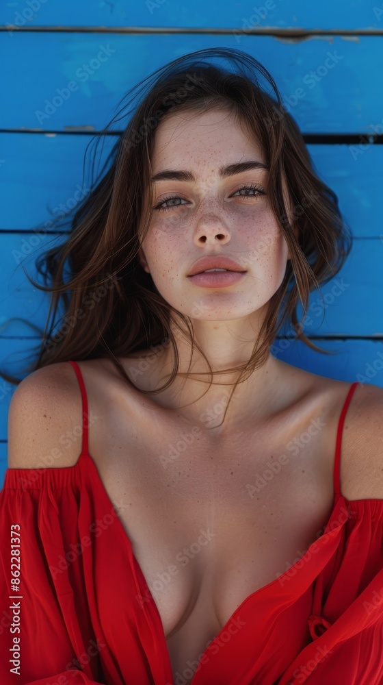 A stylish young woman in a vibrant red outfit poses against a blue wooden background.






