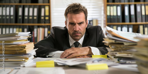 Stressed businessman sitting at his cluttered desk filled with stacks of paperwork in an office, highlighting the concept of workplace stress and overload