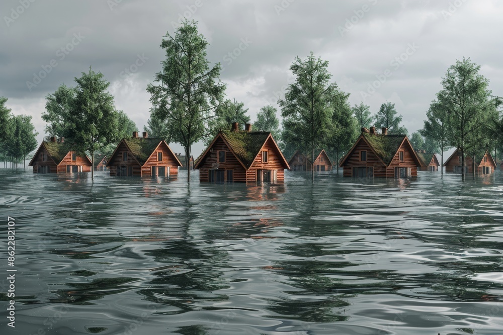 Fototapeta premium The concept of a great flood, where only the tops of trees and rooftops of houses are visible above the water, capturing the dramatic and overwhelming nature of the disaster, ideal for illustrating en