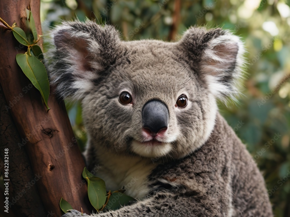 Naklejka premium adorable close-up portrait of a koala, fluffy koala on a branch