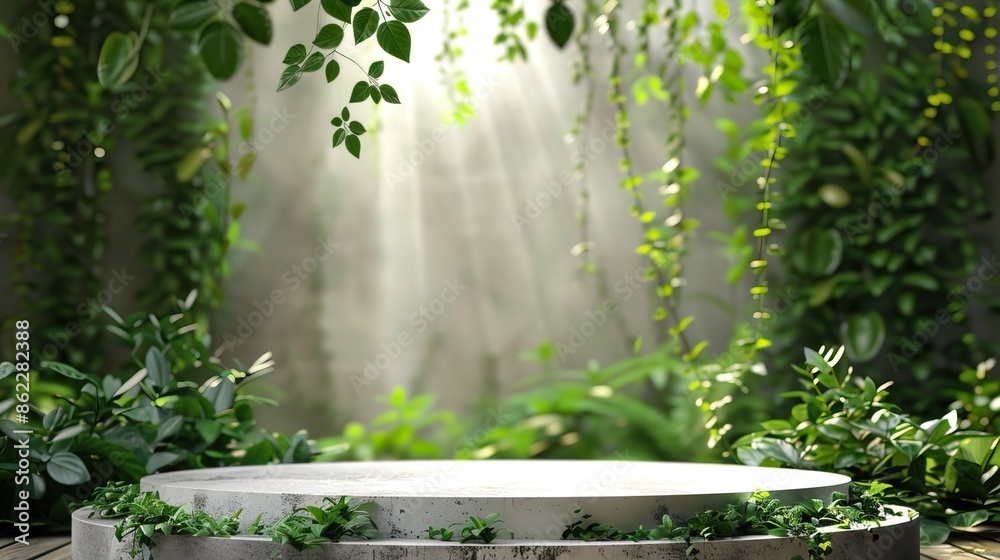 Indoor product podium surrounded by lush green plants and soft lighting Indoor product podium surrounded by lush green plants and soft lighting