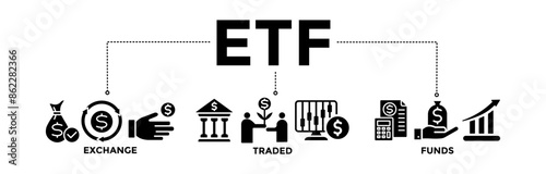 ETF banner icons set for Exchange Traded Funds Stock Market Investment with glyph style icon of money, cash flow, trading, transaction, bank, accounting, and growth