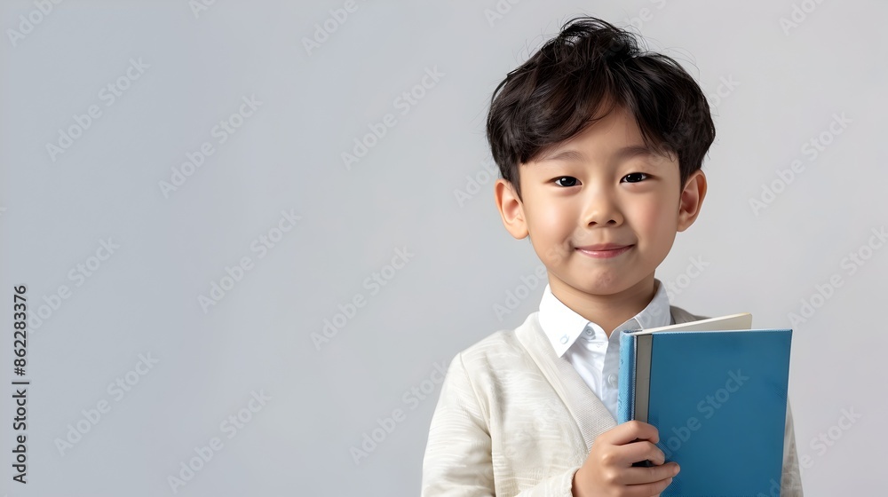 Smiling Asian Boy Holding Book in Modern Costume with Pop Culture Aesthetic Smiling Asian Boy Holding Book in Modern Costume with Pop Culture Aesthetic
