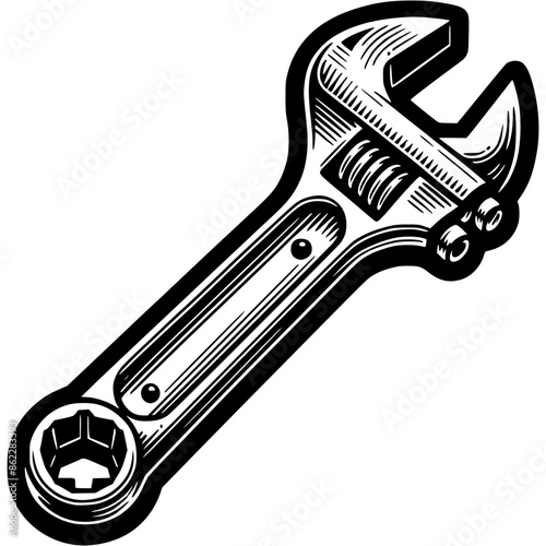 Adjustable wrench in monochrome. Workshop hardware toolkit. Simple minimalistic vector in black ink drawing on transparent background