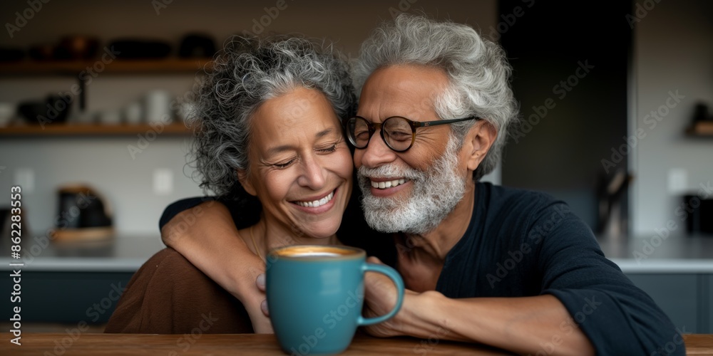 Happy Senior Couple Embracing Each Other with Love and Affection in Their Cozy Home, Sharing a Joyful Moment Together