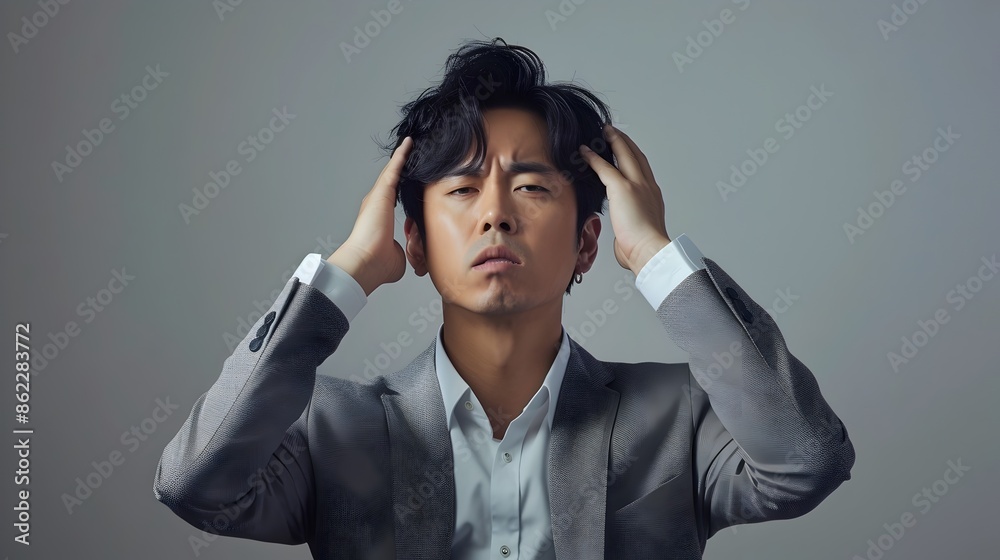 Stressed Asian Hallyu Businessman in Neo Pop Corporate Portrait Stressed Asian Hallyu Businessman in Neo Pop Corporate Portrait