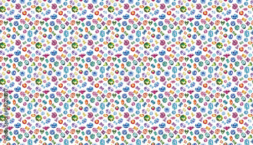 A pattern of colorful gemstones scattered on white background, arranged in random patterns, with no clear outline or shape