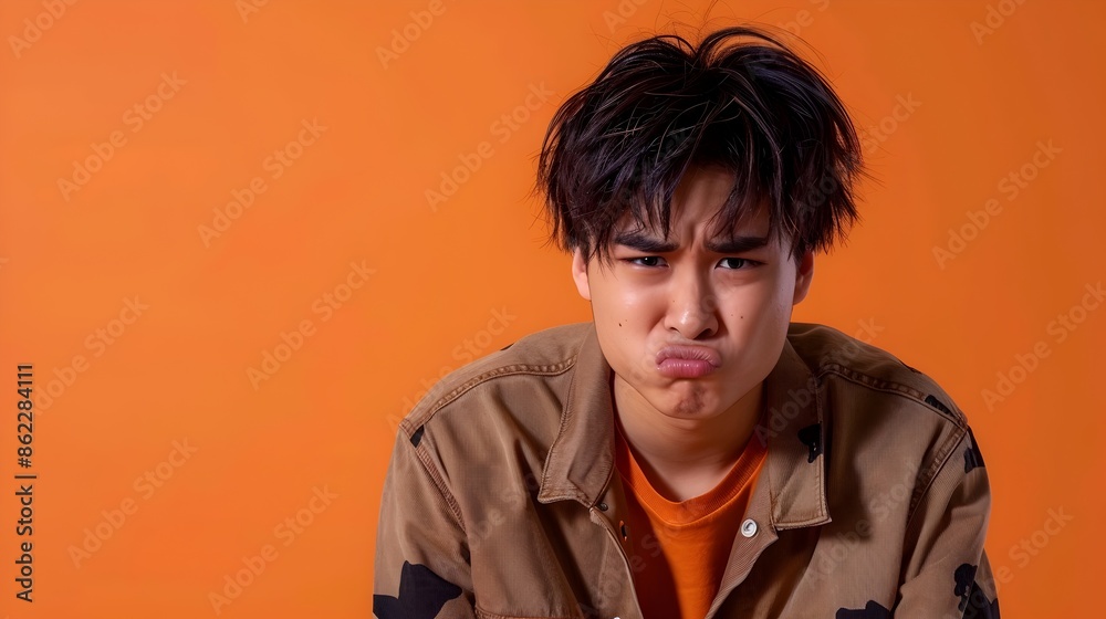 Stylized Portrait of Angry Asian Hallyu Boy on Vibrant Orange Background