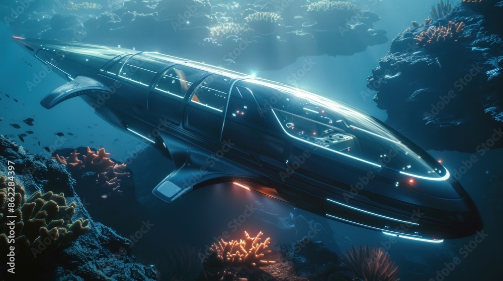 Fototapeta premium A futuristic submarine is floating in the ocean. Generate AI image
