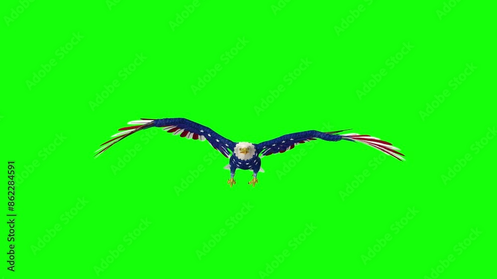 American Bald Eagle in USA Flag Colors - Flying Loop - Front View Close Up - Green Screen - Realistic artistic symbolic cinematic 3D animation isolated on chroma key background
