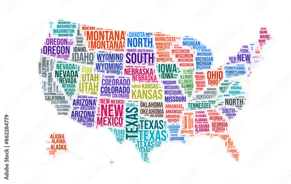 United States state word cloud. Country shape design. United States colored illustration. State names collage cloud. Vector illustration. United States state word cloud. Country shape design. United States colored illustration. State names collage cloud. Vector illustration.