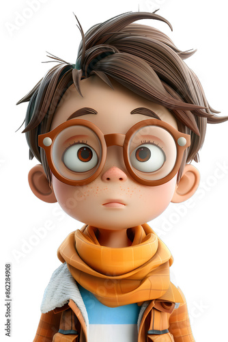 [Transparent Background PNG]3D rendering of a cute cartoon boy with glasses and a scarf