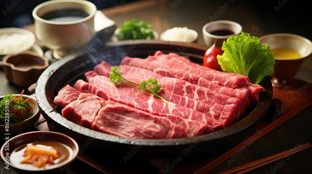 Japanese Wagyu A5 Shabu Shabu and Sukiyaki, vegetables set in the background, premium beef set, asian popular dish, japan local dish, chopsticks holding beef, fresh beef. Japanese Wagyu A5 Shabu Shabu and Sukiyaki, vegetables set in the background, premium beef set, asian popular dish, japan local dish, chopsticks holding beef, fresh beef.