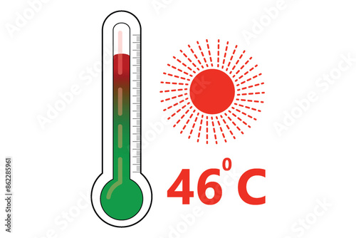 Red Thermometer With 46 degree Celsius logo Icon and red sun icon