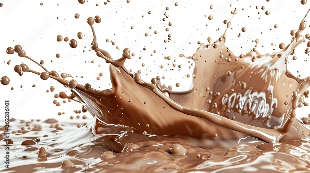 Fototapeta premium Chocolate milk splash with droplets in mid-air, clean white background