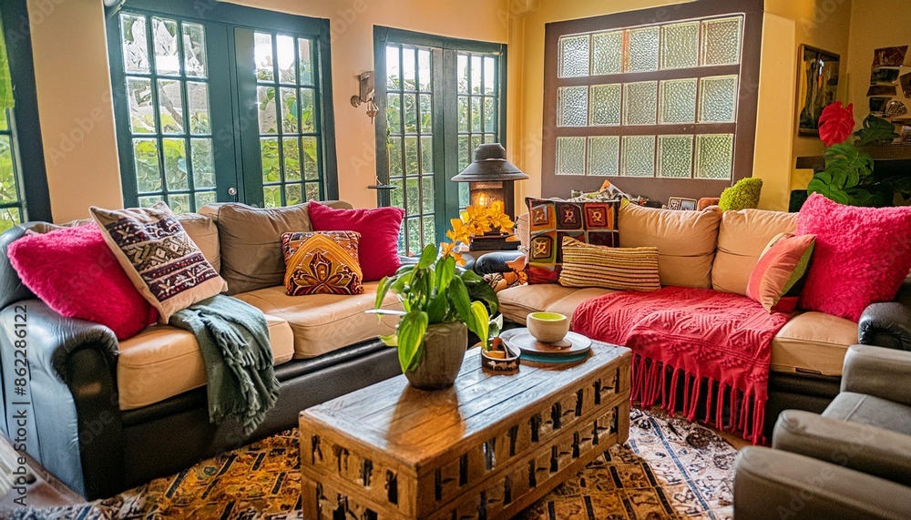 Fototapeta premium Living room with windows, home, house, colorful decor, contemporary design