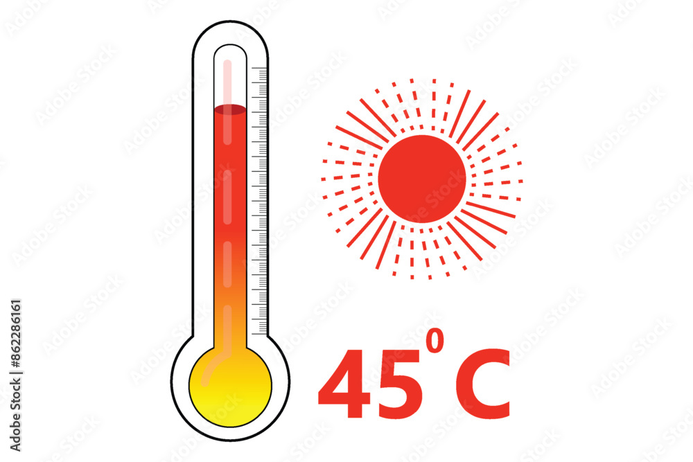 Red Thermometer With 45 degree Celsius logo Icon and red sun icon Red Thermometer With 45 degree Celsius logo Icon and red sun icon
