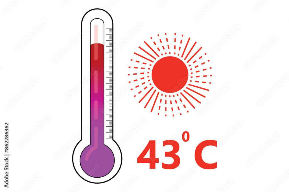 Red Thermometer With 43 degree Celsius logo Icon and red sun icon Red Thermometer With 43 degree Celsius logo Icon and red sun icon