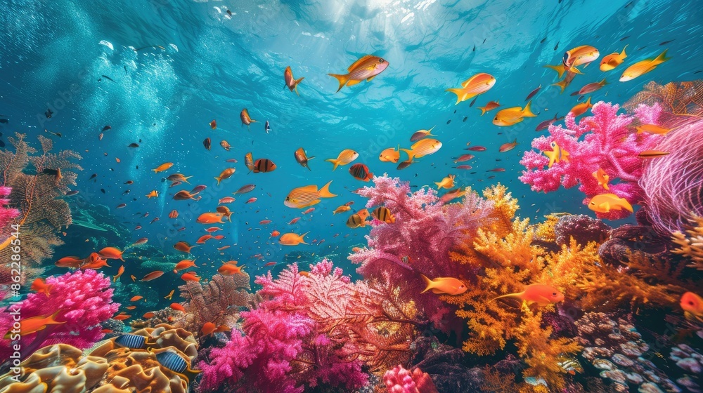 Fototapeta premium Colorful coral reef teeming with vibrant fish and marine life in crystal-clear waters