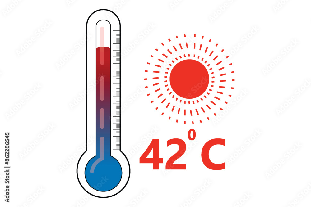 Red Thermometer With 42 degree Celsius logo Icon and red sun icon Red Thermometer With 42 degree Celsius logo Icon and red sun icon