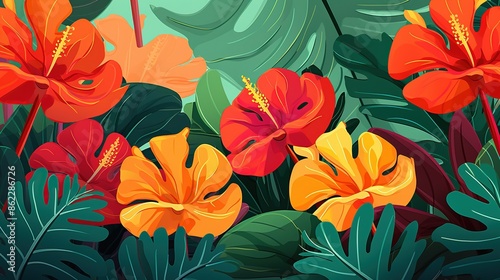 Wallpaper Mural Tropical flowers botanical vector background in cartoon children style. Vibrant exotic flowers and green monstera leaves in flat style. For cards, invitations, prints. Torontodigital.ca