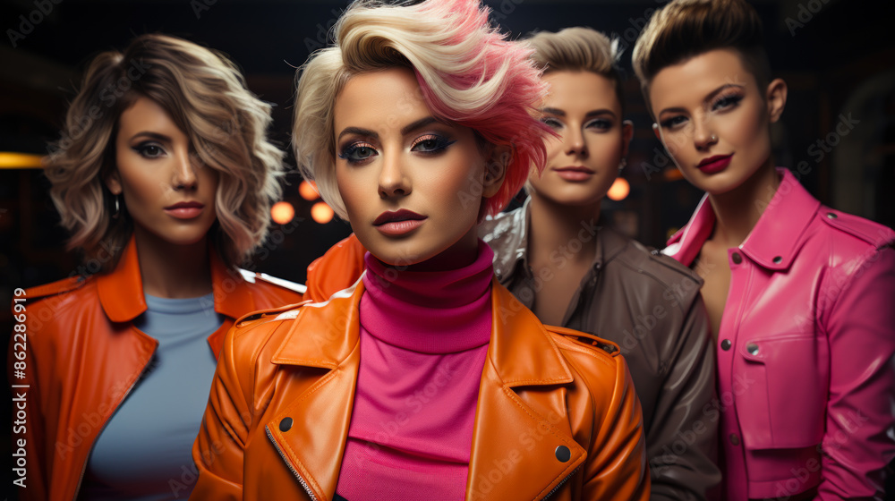 Fashionable Women in Vibrant Leather Jackets Fashionable Women in Vibrant Leather Jackets