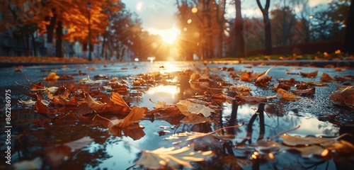 Wet Pavement With Fallen Autumn Leaves Reflecting in Puddle