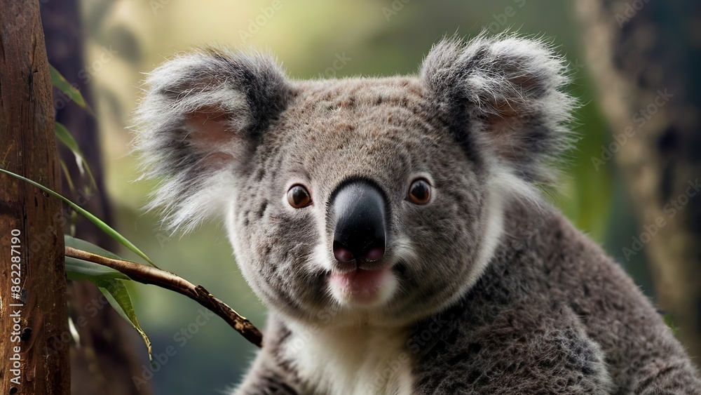 Naklejka premium furry koala on a tree in the forest close-up, blurred background