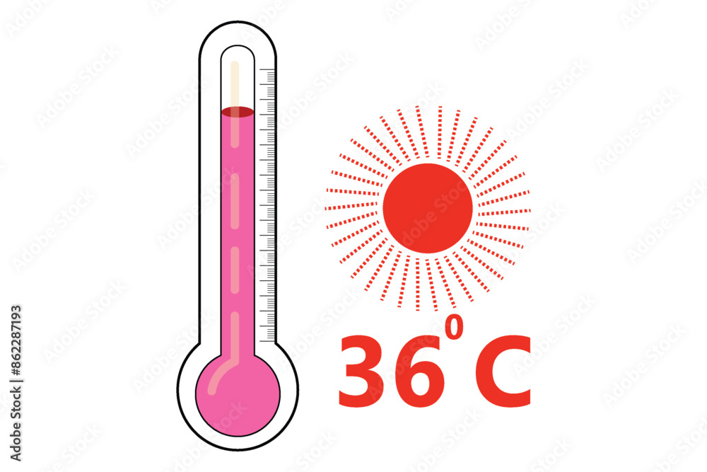 Red Thermometer With 36 degree Celsius logo Icon and red sun icon Red Thermometer With 36 degree Celsius logo Icon and red sun icon