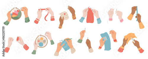 Set of hands sewing, knitting, and embroidering with thread and needle. Various hand positions holding sewing tools collection. Cute illustration of handmade craft, embroidery, and tailoring projects.
