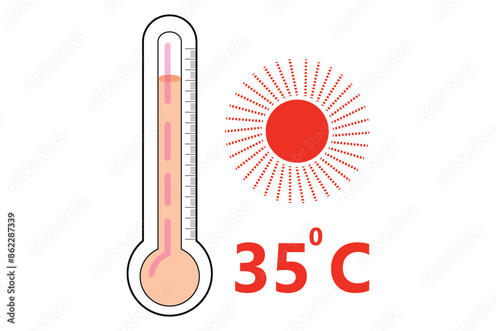 Red Thermometer With 35 degree Celsius logo Icon and red sun icon Red Thermometer With 35 degree Celsius logo Icon and red sun icon