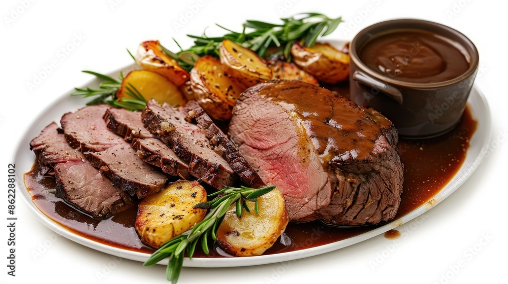 Elegant sliced roast beef with modern Sunday roast garnishes and gravy, isolated Elegant sliced roast beef with modern Sunday roast garnishes and gravy, isolated