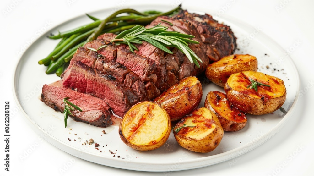Elegant Sunday roast with sliced roast beef, green beans, and roasted potatoes, isolated Elegant Sunday roast with sliced roast beef, green beans, and roasted potatoes, isolated