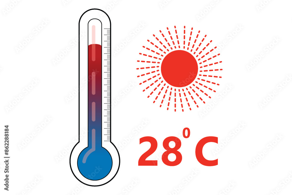 Red Thermometer With 28 degree Celsius logo Icon and red sun icon Red Thermometer With 28 degree Celsius logo Icon and red sun icon