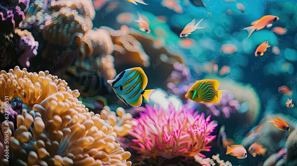 Fototapeta premium Exotic reef fish swimming through vibrant coral structures