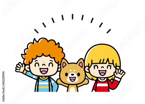 ペットの柴犬と笑顔で手を振るかわいい子供たちのイラスト