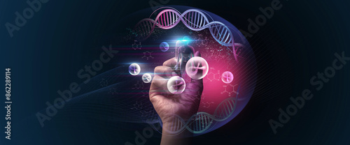 DNA helix concept of new ideas with Digital Virtual analysis chromosome DNA test of human in situations disease COVID-19 virus on hands in 3D illustration. Of free space for texts and creativity.