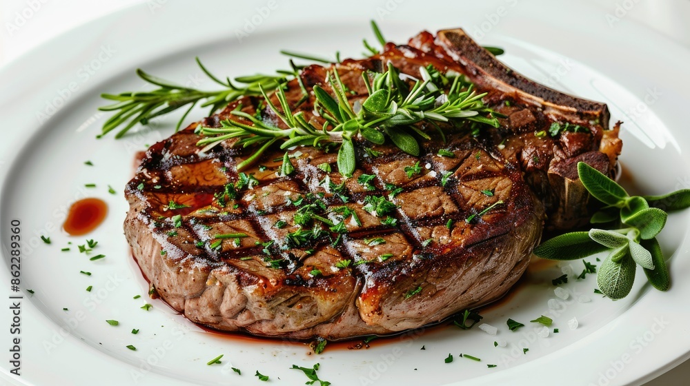 Grilled beef steak topped with herbs on a white plate, isolated view Grilled beef steak topped with herbs on a white plate, isolated view