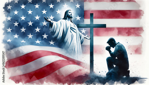 A painting of a man kneels in prayer before a cross and Jesus, with the American flag in the background. Sacred Symbols of America. Faith and patriotism