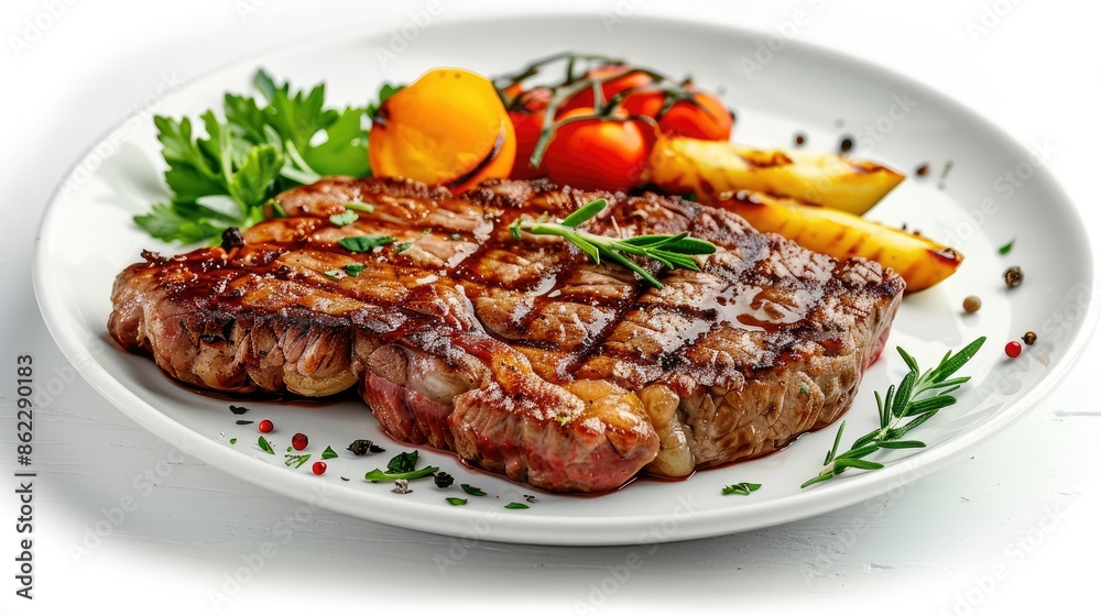 Juicy grilled beef steak served on a white plate with garnish, isolated on white background Juicy grilled beef steak served on a white plate with garnish, isolated on white background