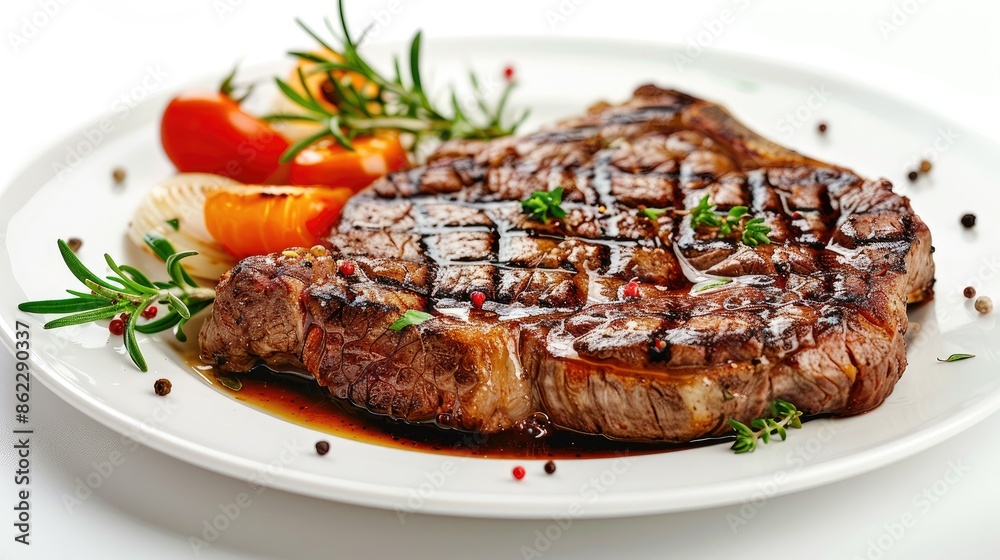 Juicy grilled beef steak served on a white plate with garnish, isolated on white background Juicy grilled beef steak served on a white plate with garnish, isolated on white background