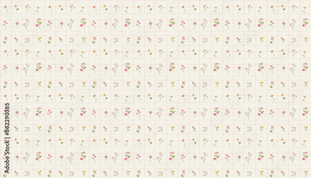A pattern that features small flowers in grids on white linen fabric, each grid contains one flower from various varieties, the grid is pink dotted lines A pattern that features small flowers in grids on white linen fabric, each grid contains one flower from various varieties, the grid is pink dotted lines
