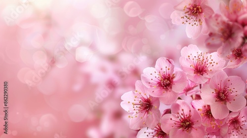 Fototapeta Naklejka Na Ścianę i Meble -  Close up of pink cherry blossoms Invitation or card design with space for text