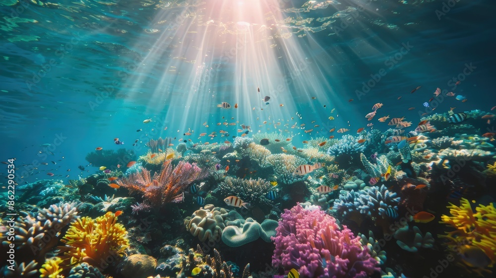 Fototapeta premium Majestic underwater scenery with colorful coral reefs and diverse marine life, illuminated by sunlight